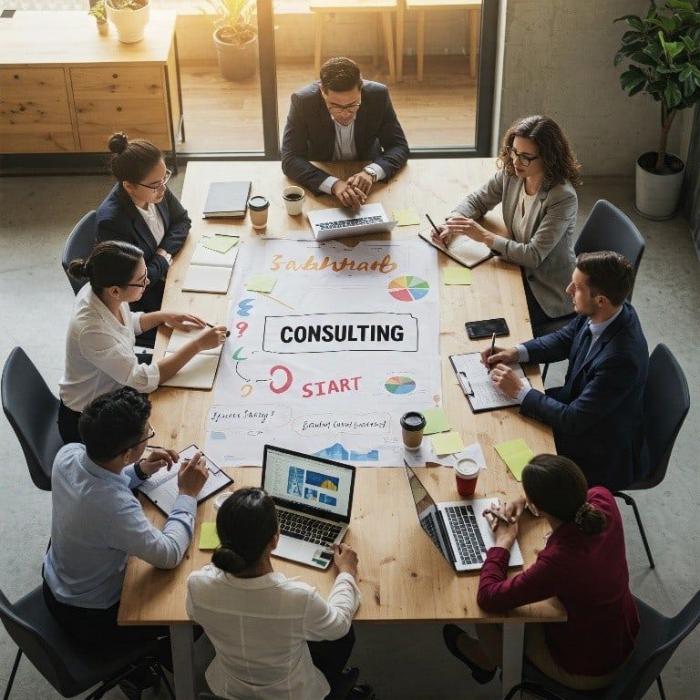 Besprechung mehrerer Personen an einem großen Tisch mit Unterlagen